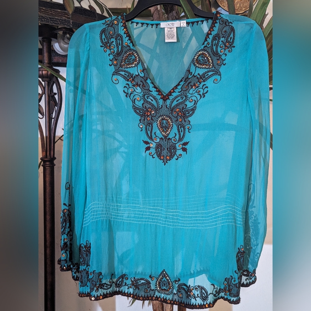 Cache Embellished Turquoise Sheer Cover/Tunic. - image 7